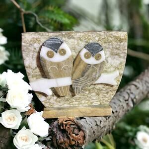 Vtg. Russian Brutalist Inlay Stone Owl Pencil Holder Stem Vase 60s Desk Mad Men